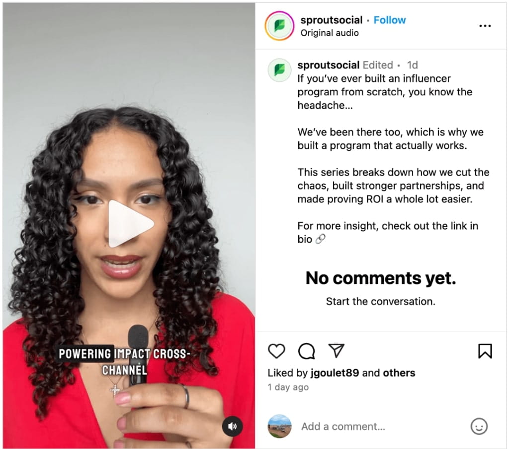 An instagram video from Sprout Social about how Sprout's Influencer Marketing platform helps you cut through the noise and search for influencers for your brand campaigns by using focused, AI-driven social insights.