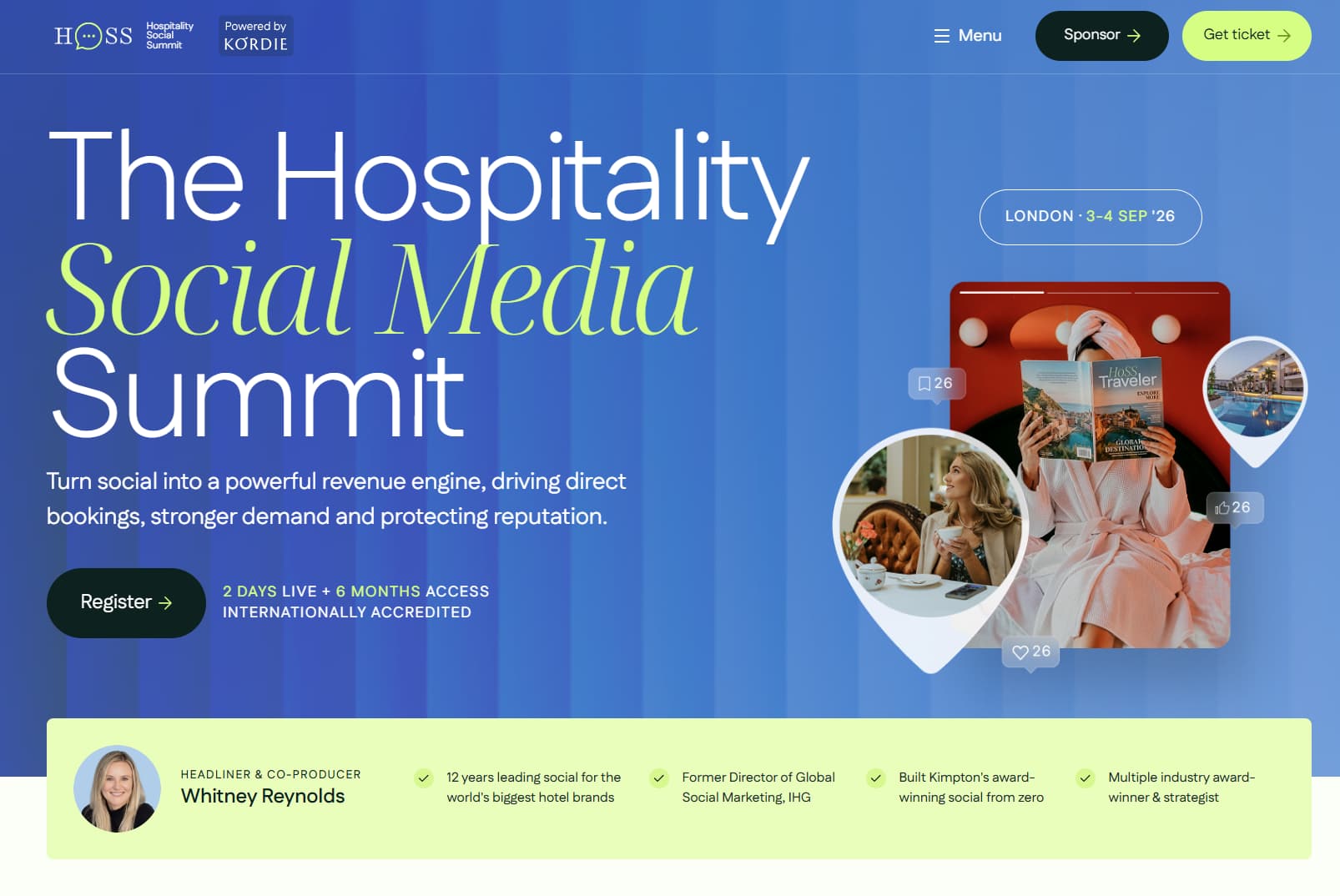 Homepage of the 2026 Hospitality Social Media Summit (HoSS) website, highlighting the London event dates on 3-4 September and headliner Whitney Reynolds