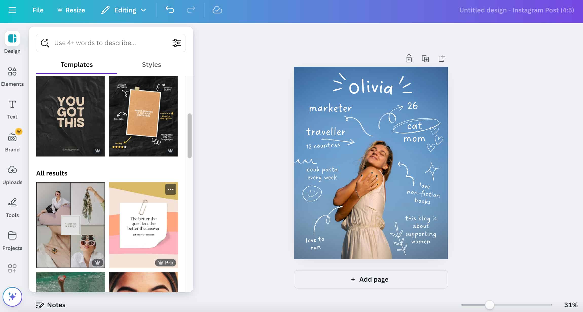 canva editing dashboard showing a sample template of a woman standing against a blue background and various text written in white within the photo and a side panel showing other template options