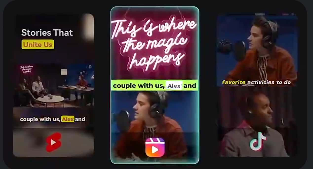 three panels showing different variations of a clip for YouTube Shorts, Instagram and TikTok