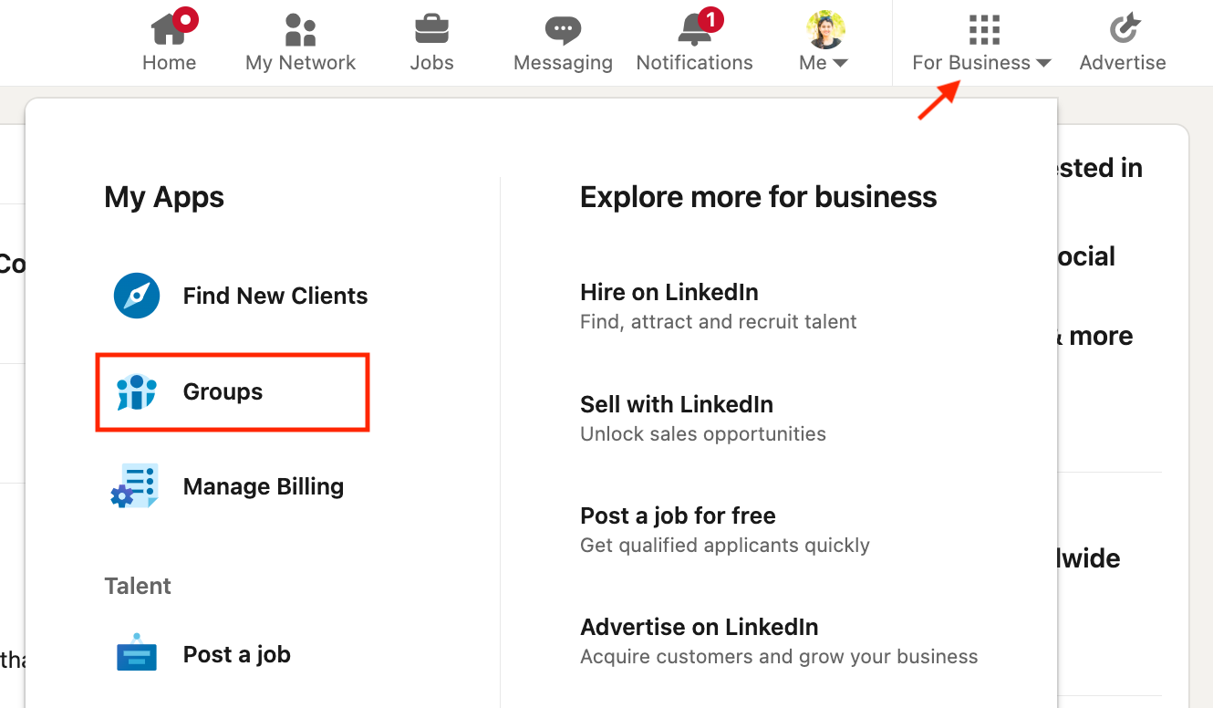 Where to find Groups on LinkedIn from the drop down menu in the corner