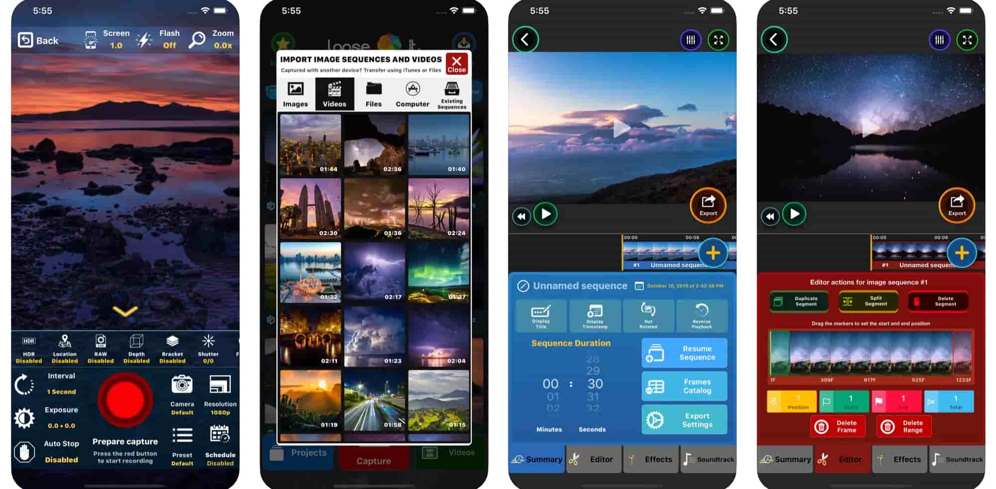 four panels showing different landscapes being filmed in timelapse and the Lapse It control panels displayed along with each landscape