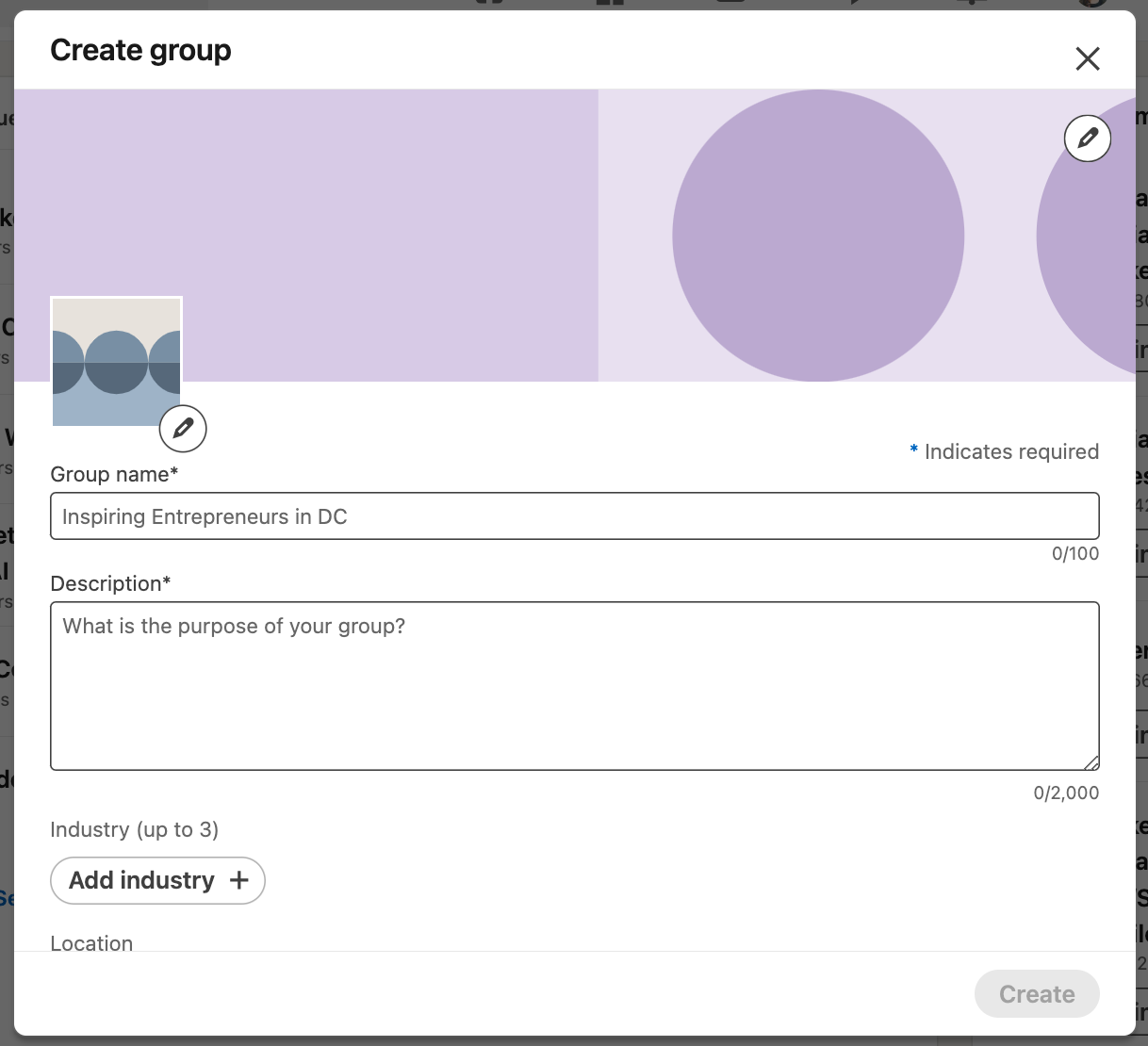 Create a Group form on LinkedIn
