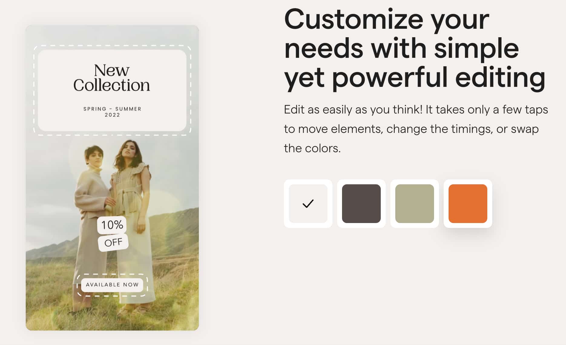 sample Story featuring two women standing on grass with text overlay promoting 10% off on a new collection and a side panel with the option to swap colors
