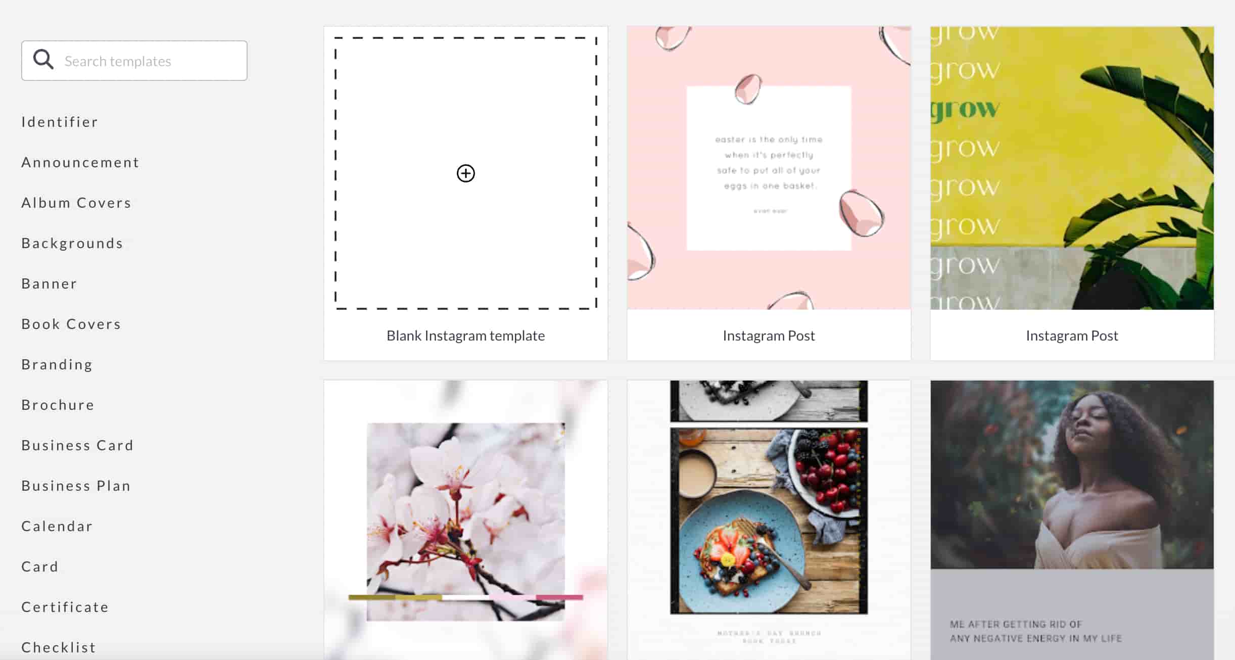 the PicMonkey Instagram template window showing five sample templates and a blank template alongside a panel showing different template categories
