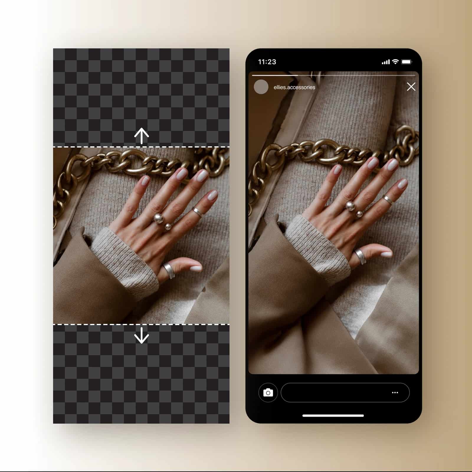 one panel showing a square image of a woman's hand with two arrows pointing vertically toward the opposite end on each side against an empty background and a second panel showing an extended version of the same photo