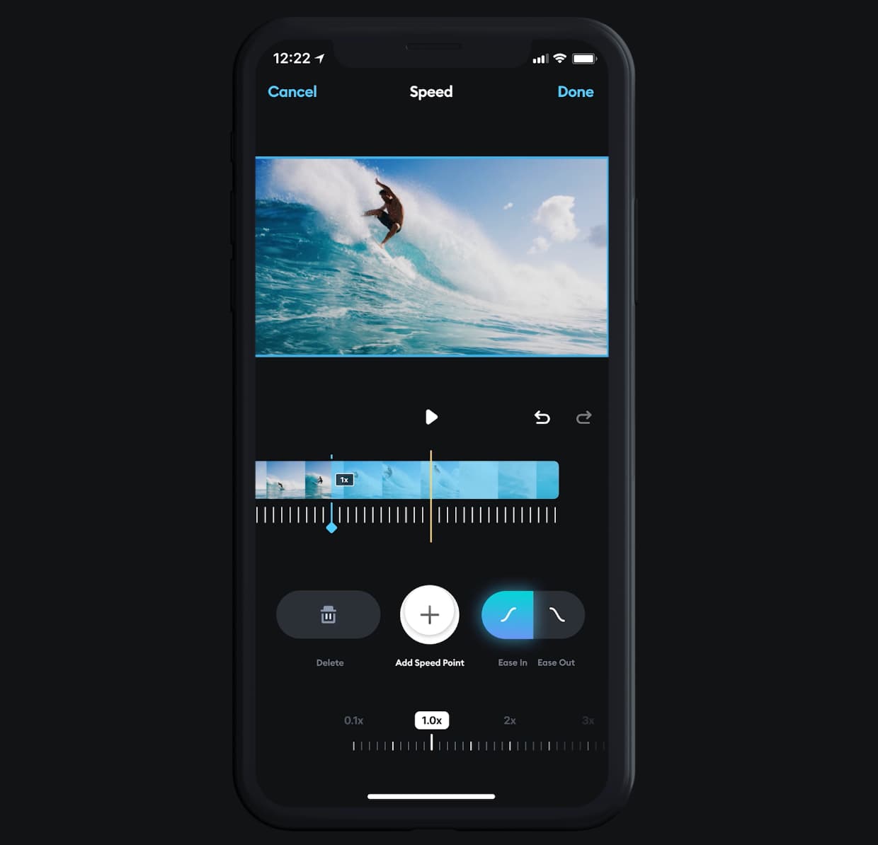 a mobile phone screen showing a frame of a man surfing with a speed control panel beneath the footage