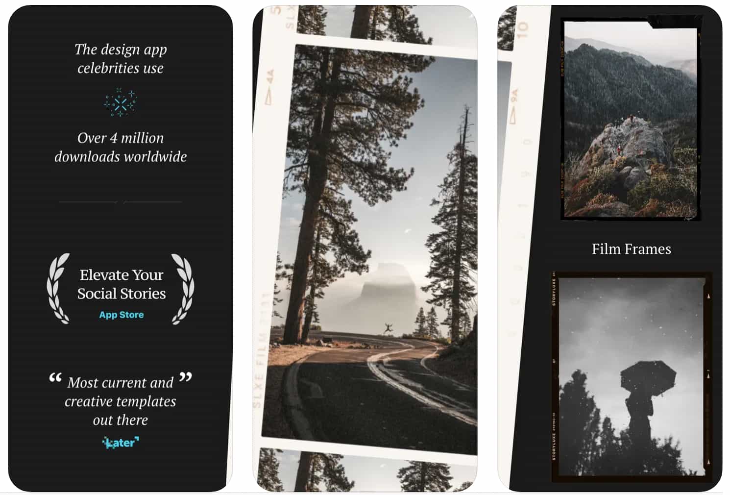 three different panels showing Storyluxe's various templates
