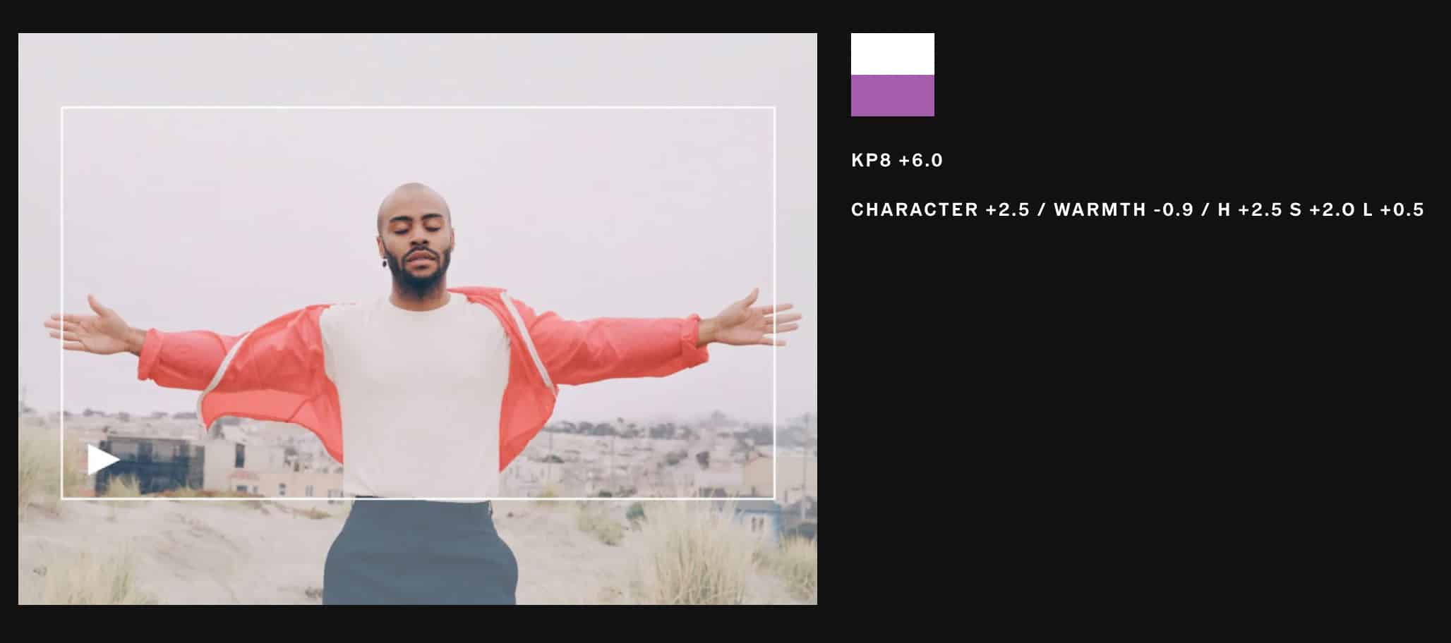 sample footage of a man wearing a salmon pink jacket over a while shirt and spreading his arms and a side panel showing the filter name