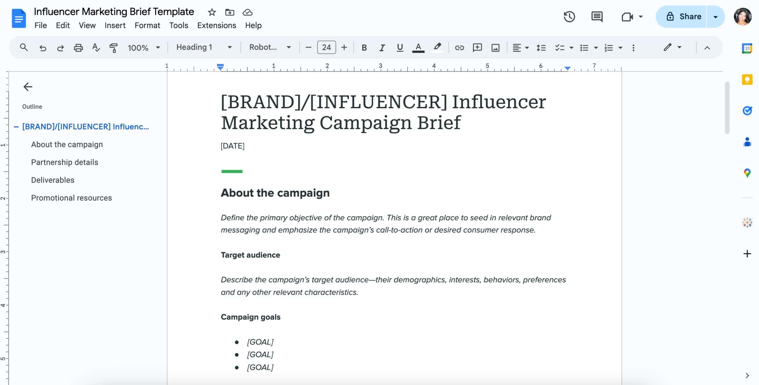 The influencer marketing brief template set up in Google Docs.