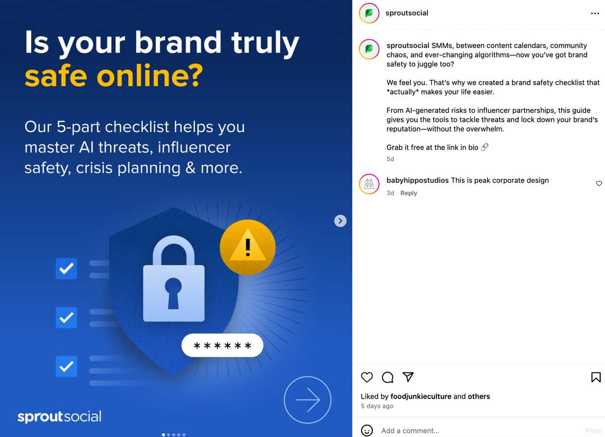 Instagram carousel post from Sprout Social with the first slide showing a graphic of a lock with a yellow warning sign and text that reads "Is your brand truly safe online? Our 5-part checklist helps you master AI threats, influencer safety, crisis planning & more"
