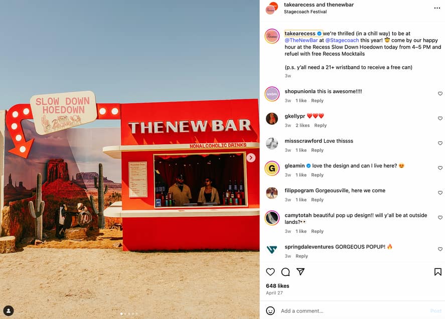 Instagram post from Recess showing a red pop-up bar called "The New Bar" and a location tag for "Stagecoach Festival"