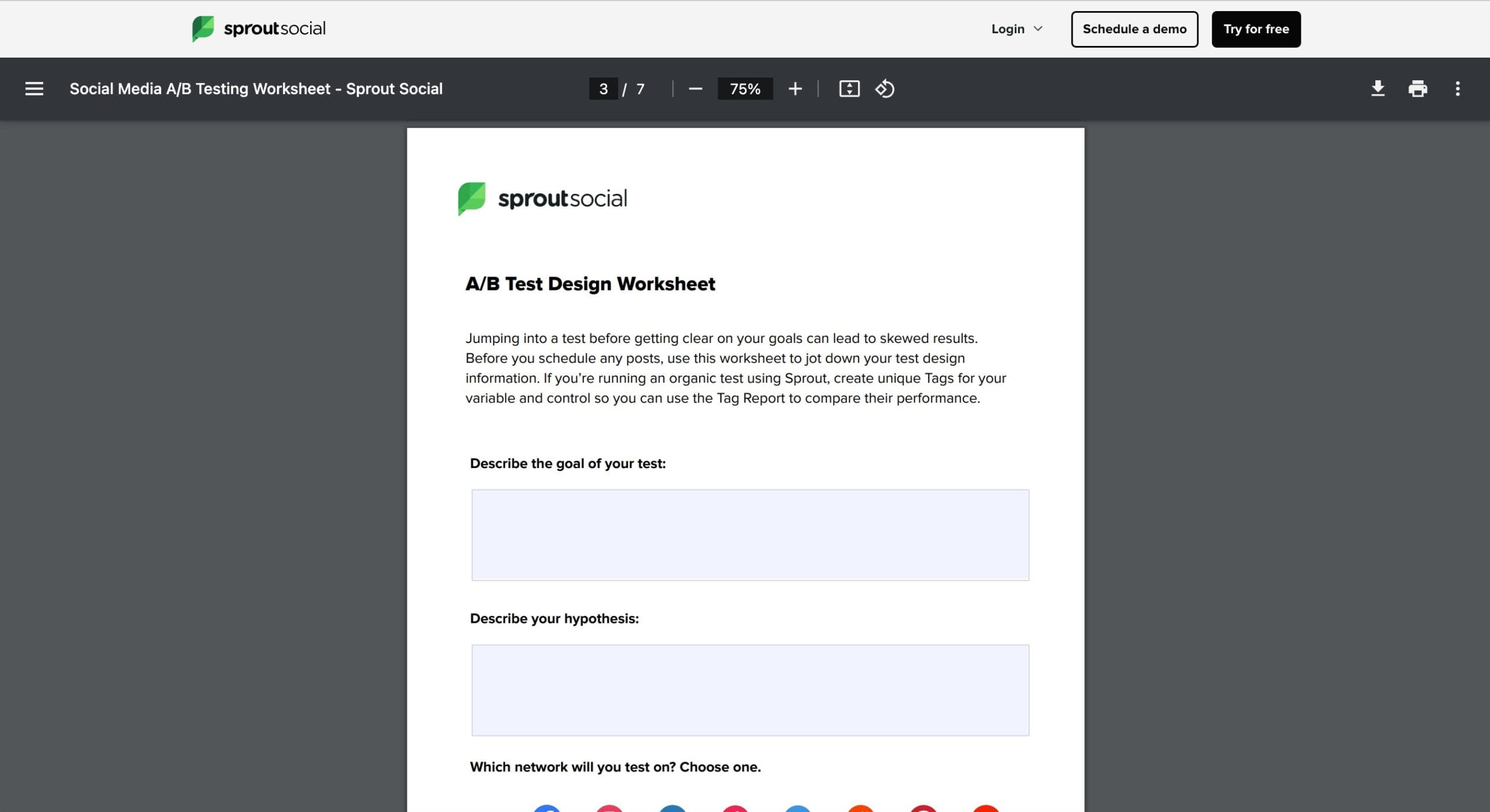 The social media testing worksheet PDF.