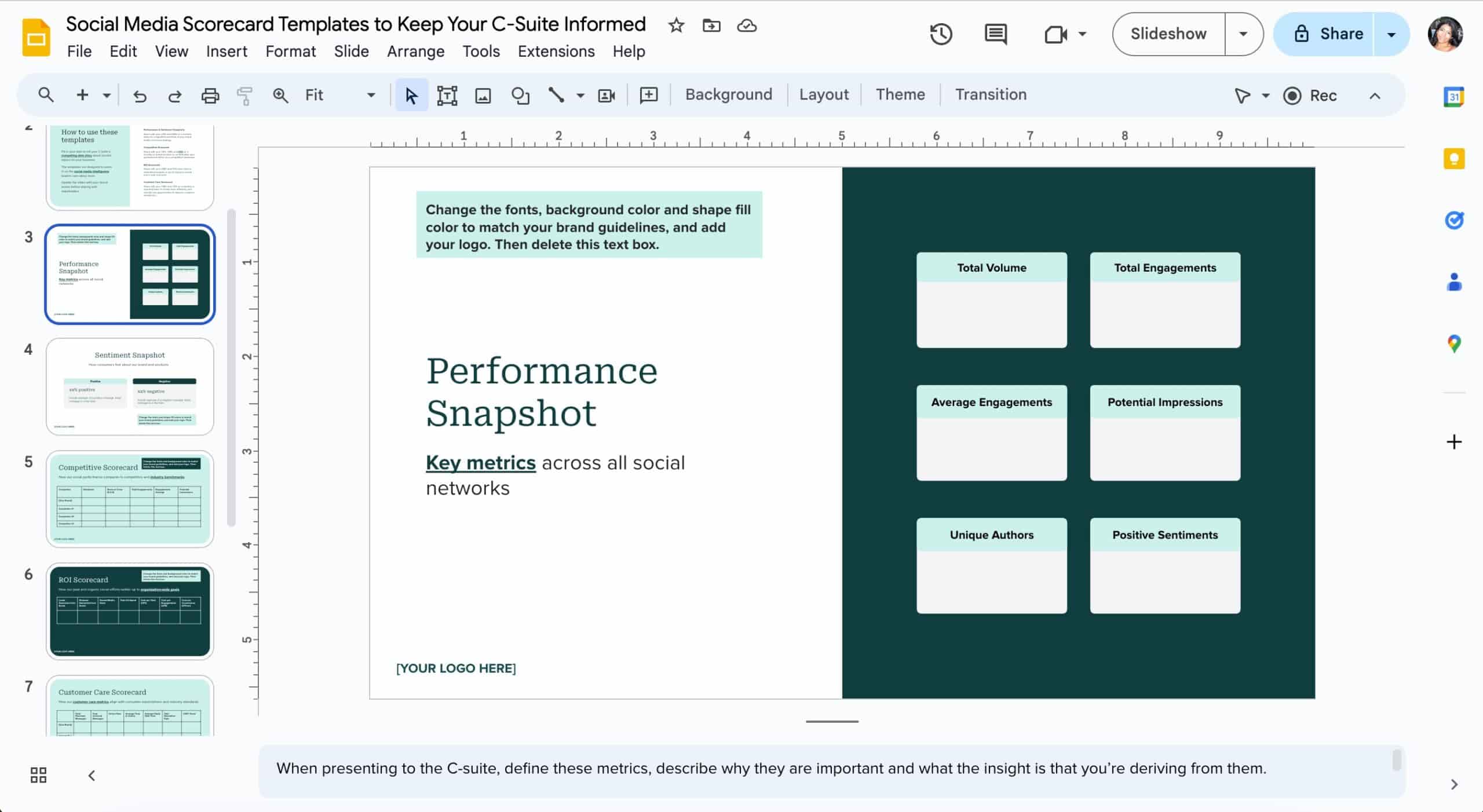 The social media scorecard template open in Google Slides.