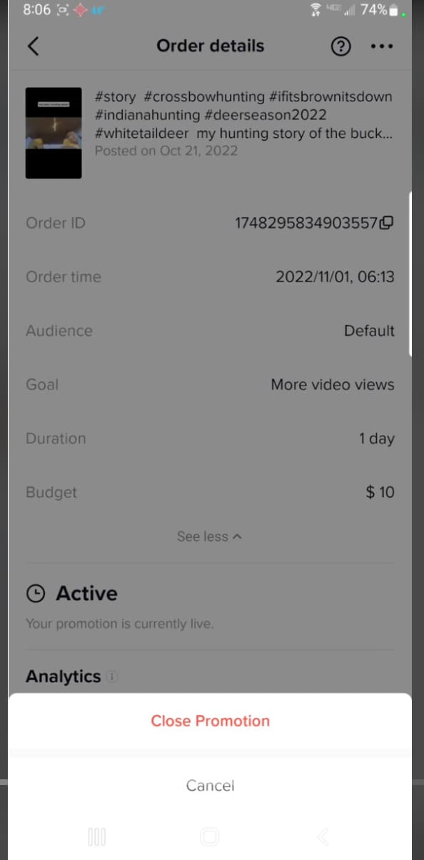 The Close Promotion screen on a promoted TikTok