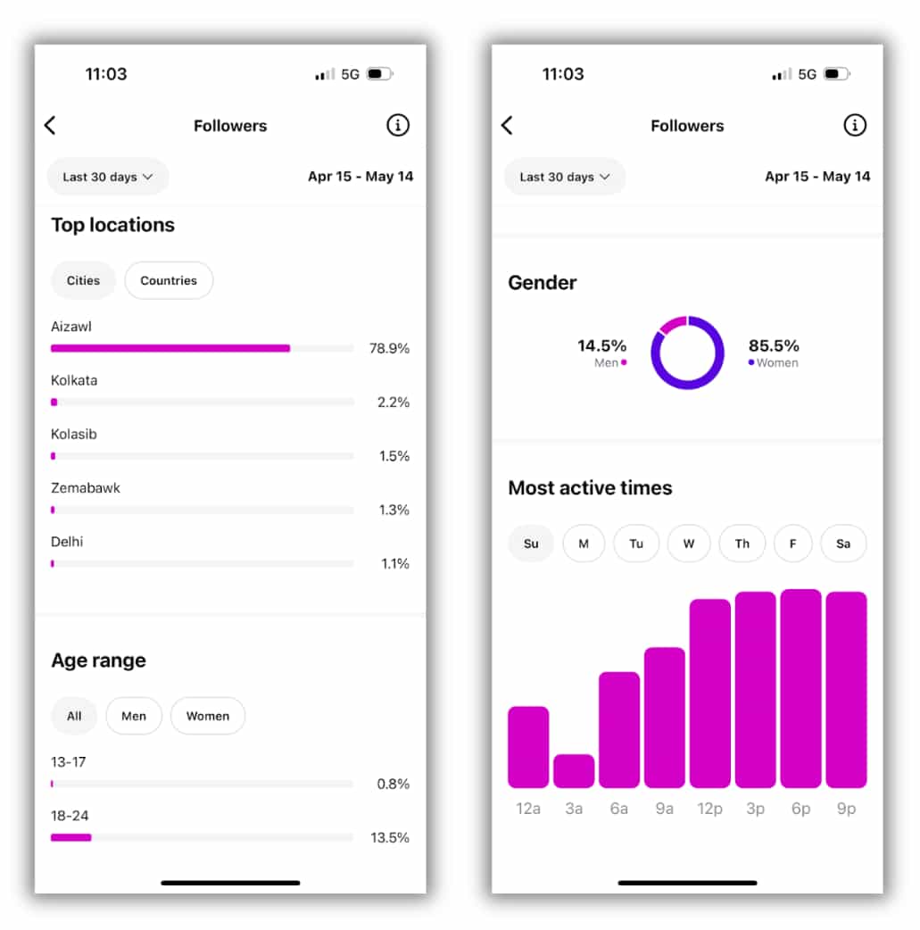 two images showing the follower insights dashboard on Instagram with different sections for top locations, age range, gender and most active times