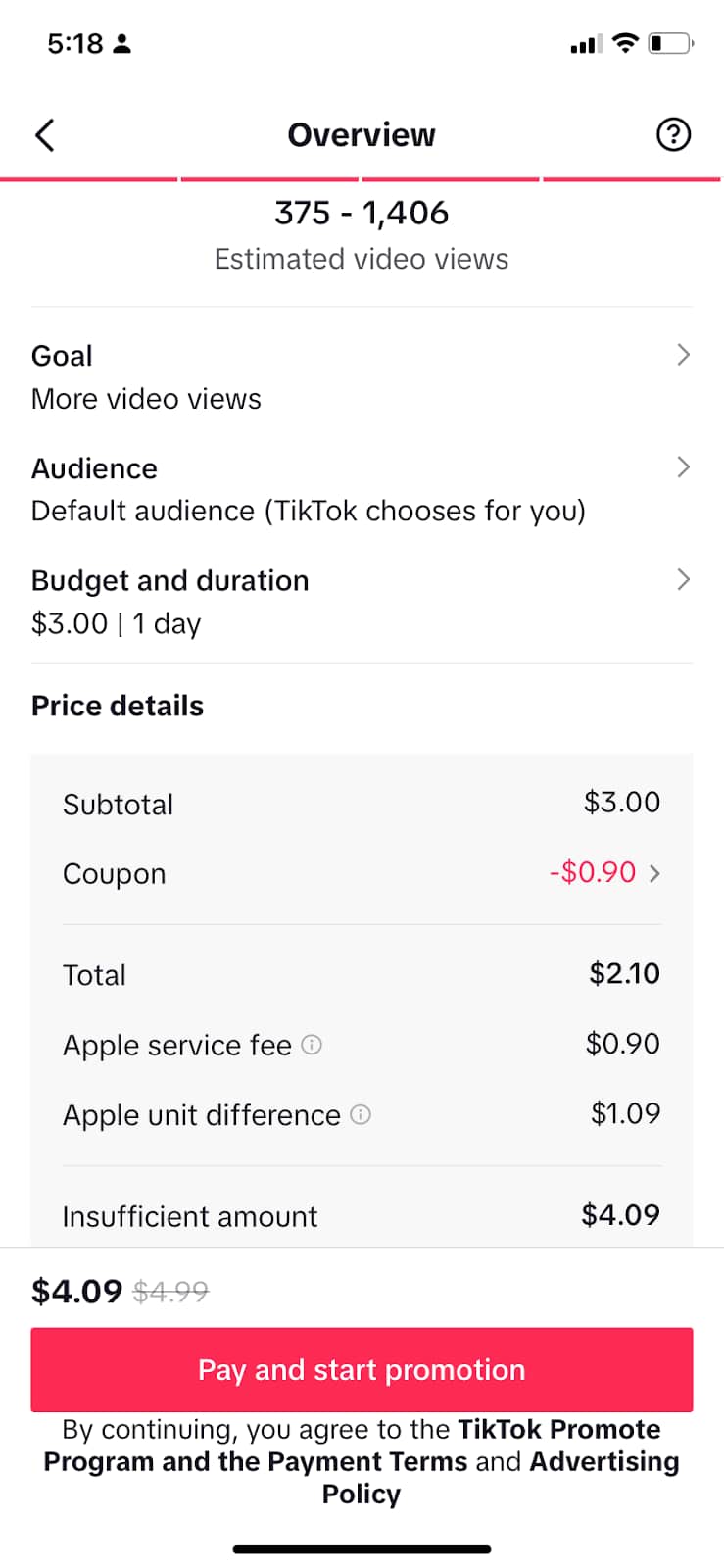 The Overview screen in TIkTok Promote