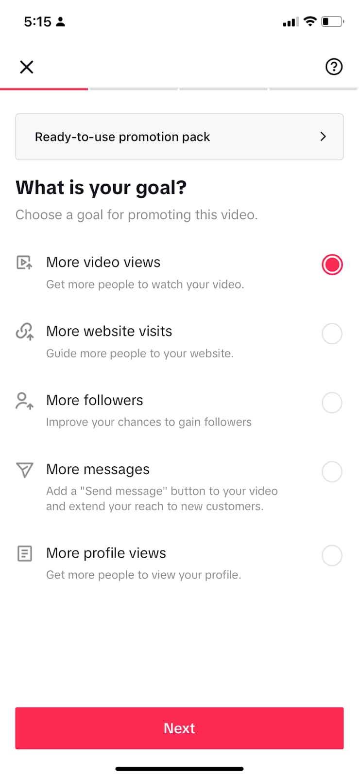 The 'What is your goal' screen of TikTok Promote's campaign set-up flow