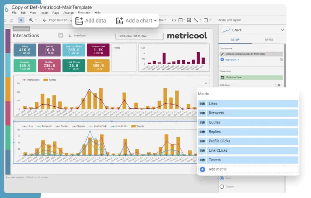 Metricool’s Interactions dashboard shows social media analytics with metrics like replies and link clicks (Source: Metricool product page)