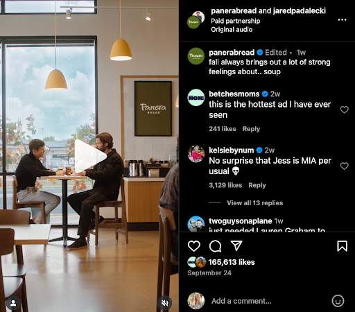 A still frame of the recent Panera bread partnership ad on Instagram with Jared Padalecki