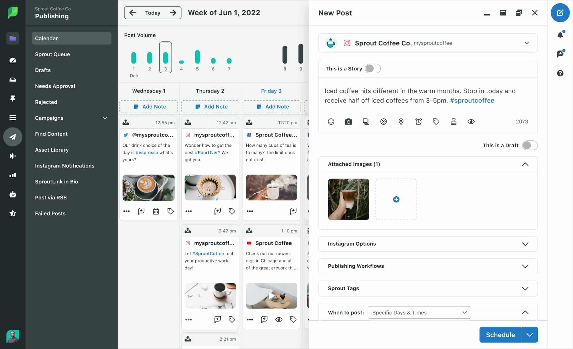 Sprout Social publishing dashboard showing a New Post window alongside the calendar week view and a draft post with scheduling options