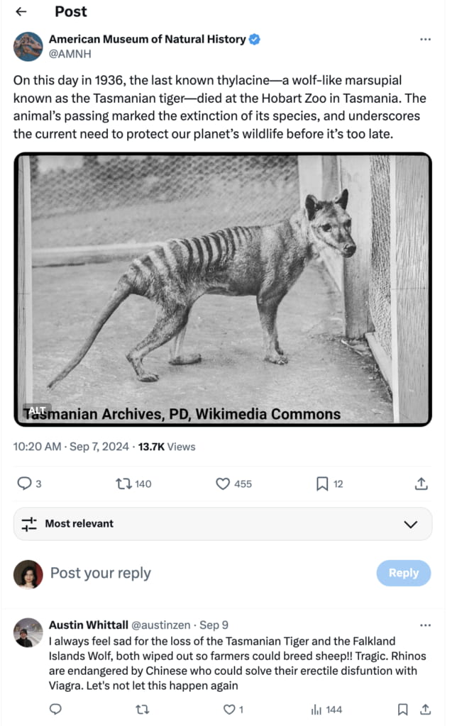 An American Museum of Natural History Instagram post about the last Tasmanian tiger and urging wildlife protection