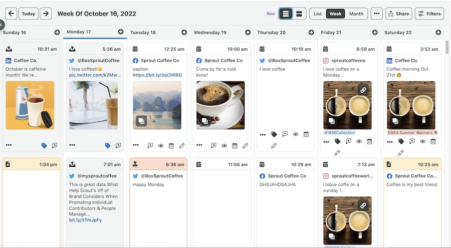 The content calendar view in Sprout Social’s Publishing Calendar showing scheduled posts for a week in October 2022