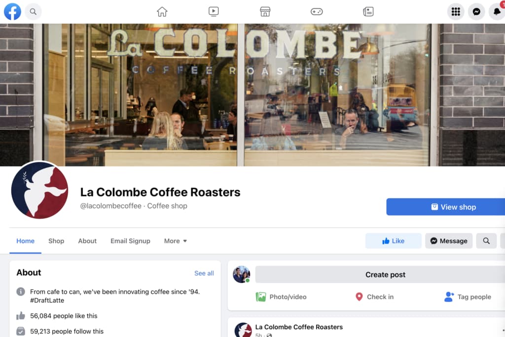  The Facebook profile page for La Colombe Coffee Roasters, featuring a View Shop button