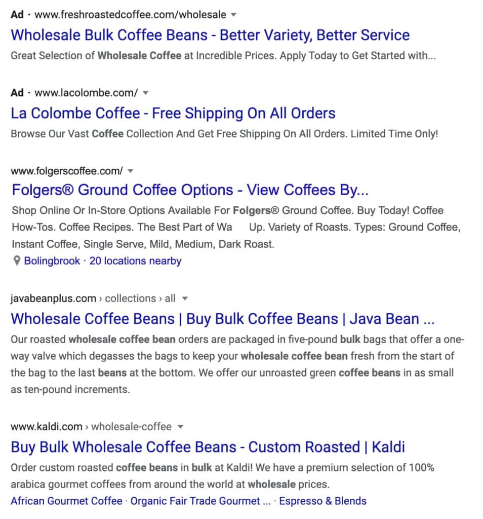 Google search page results for coffee-related keywords