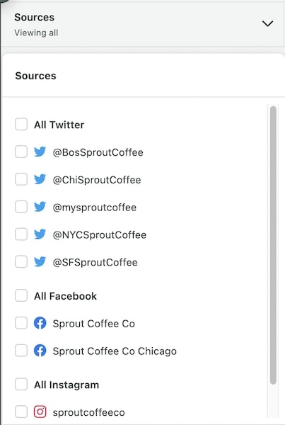 Sprout’s competitor report Sources panel displaying all Twitter (now X), Facebook and Instagram handles for Sprout Coffee
