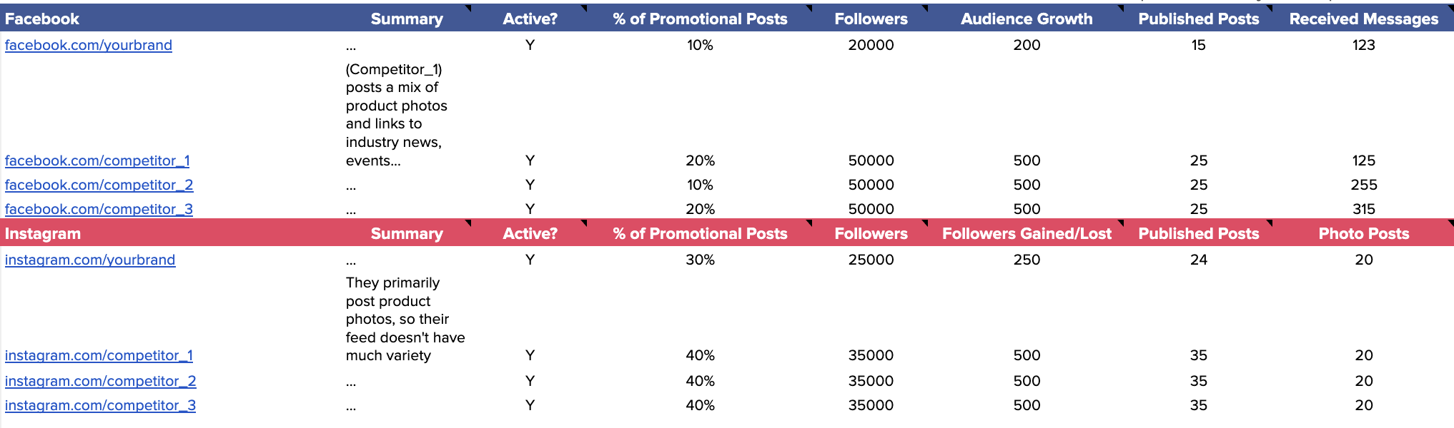 A summary of competitive research for a brand and competitors, broken down by social network, including Facebook and IG