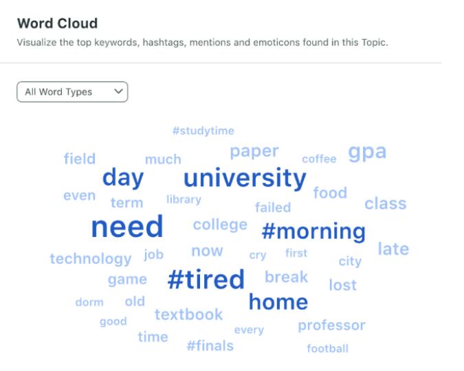 Sprout Social word cloud showing top keywords and hashtags from a conversation topic
