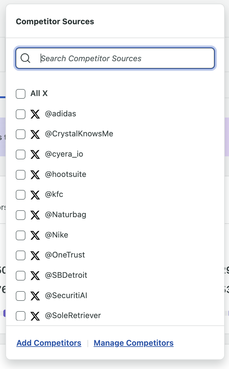 Dropdown selection of data sources of competitors' social media accounts