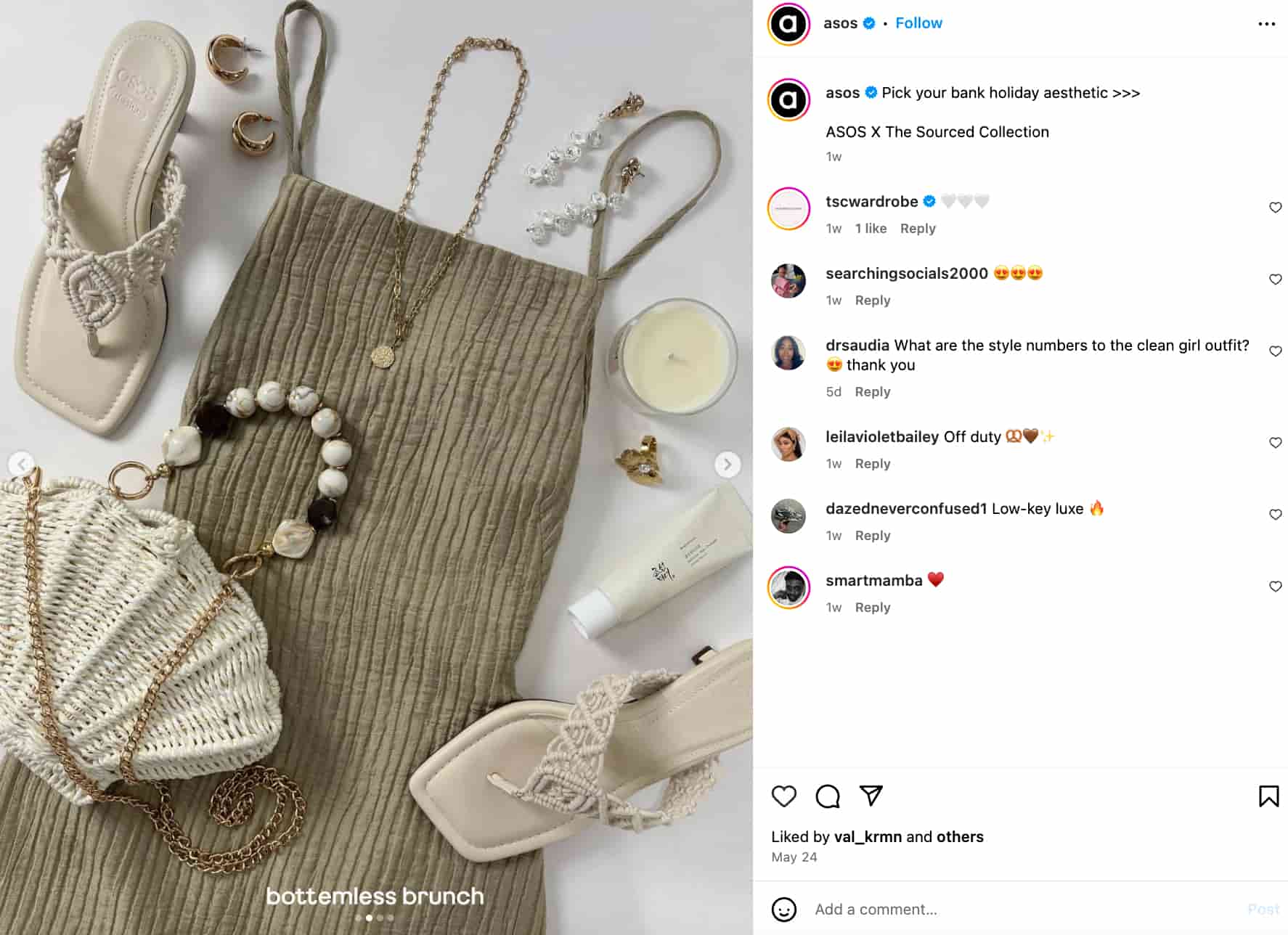 carousel post from Asos showing an outfit put together around the theme "bottomless brunch" featuring a dress with a pair of heeled sandals, a shell-shaped woven bag and some accessories