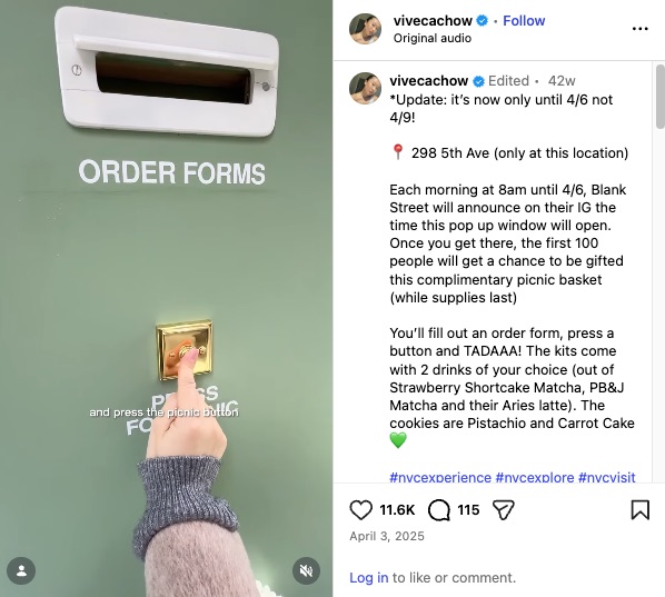 Blank Street Coffee Instagram campaign activation encouraged users to attend their picnic popup shop to try their new spring flavors.