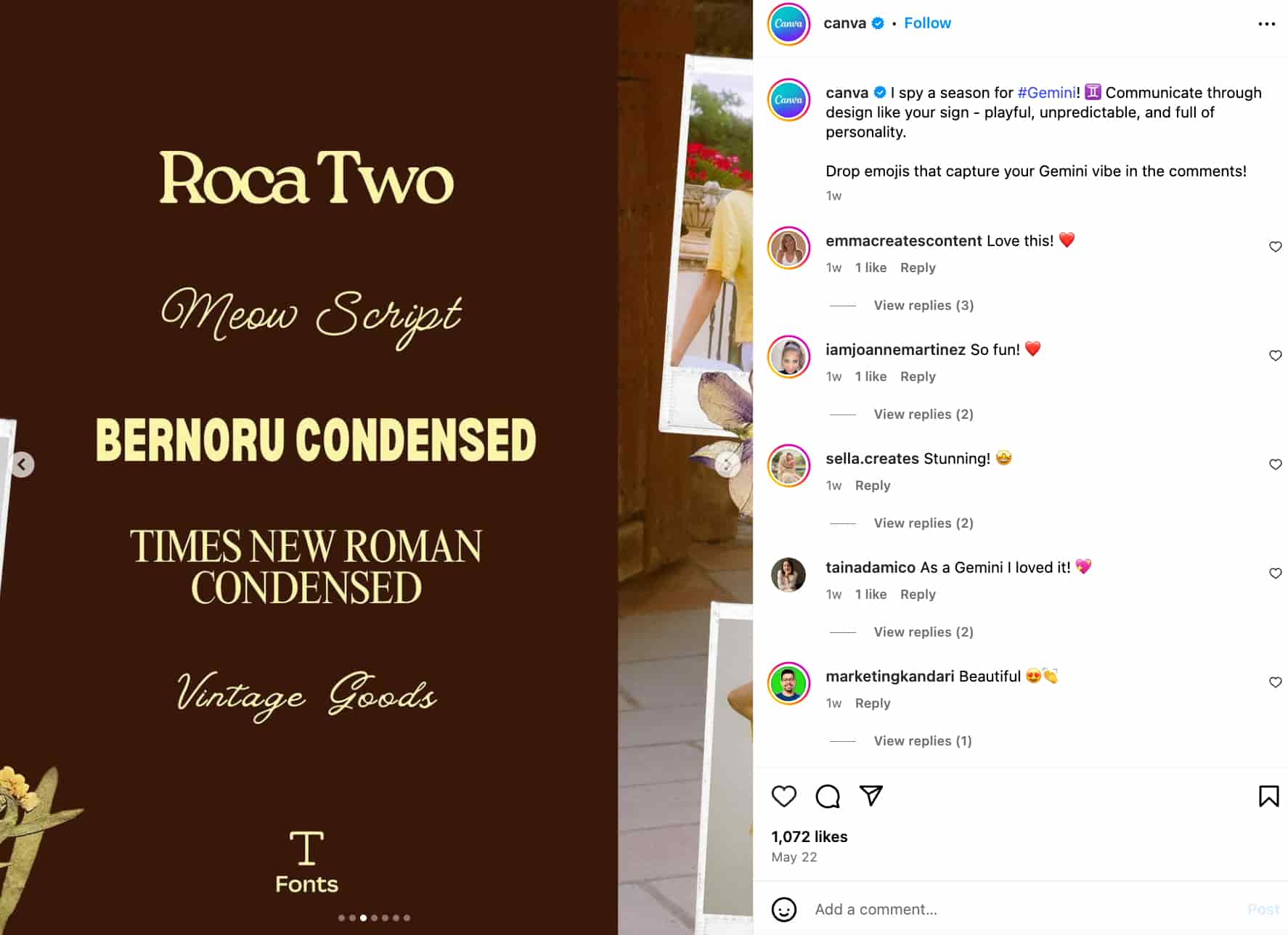 carousel post from Canva showing a slide with some font options for Geminis