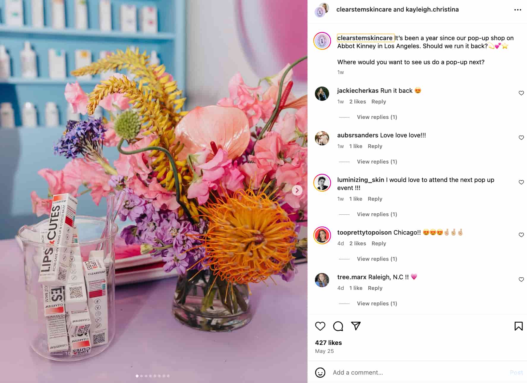 carousel post from CLEARSTEM Skincare showing a bouquet of flowers on a table alongside a jar containing the brand's products with a caption that asks customers where they want to see the brand doing another pop-up