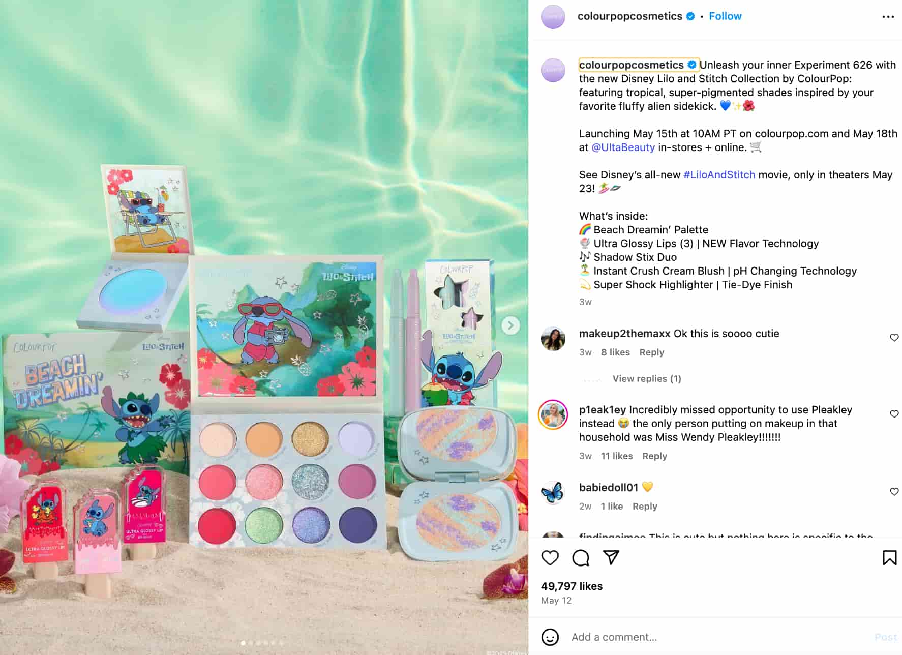 carousel post from ColourPop Cosmetics showing a slide featuring eyeshadow palettes and other makeup products from the Lilo and Stitch collection against a turquoise water background