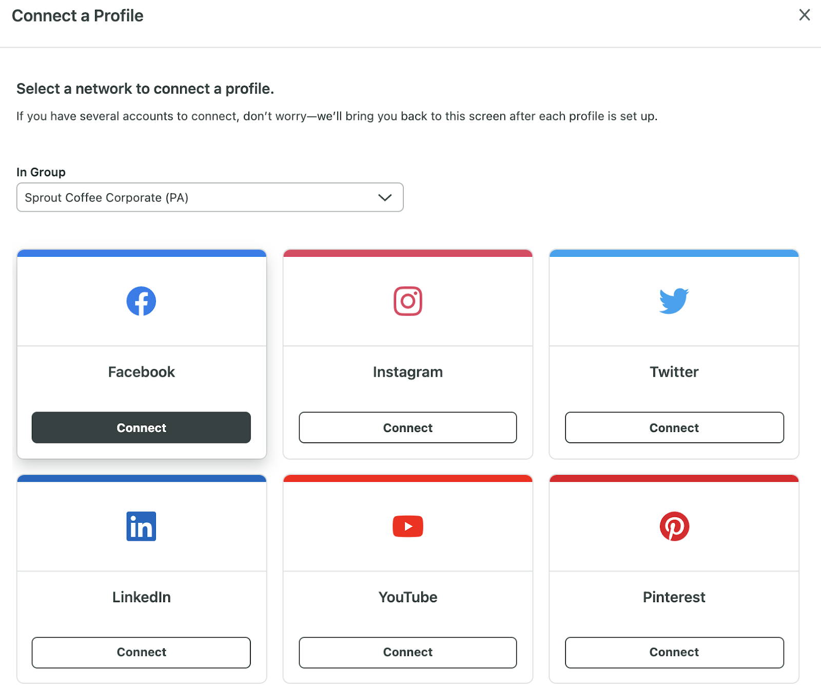 Connect a Profile screen in Sprout Social