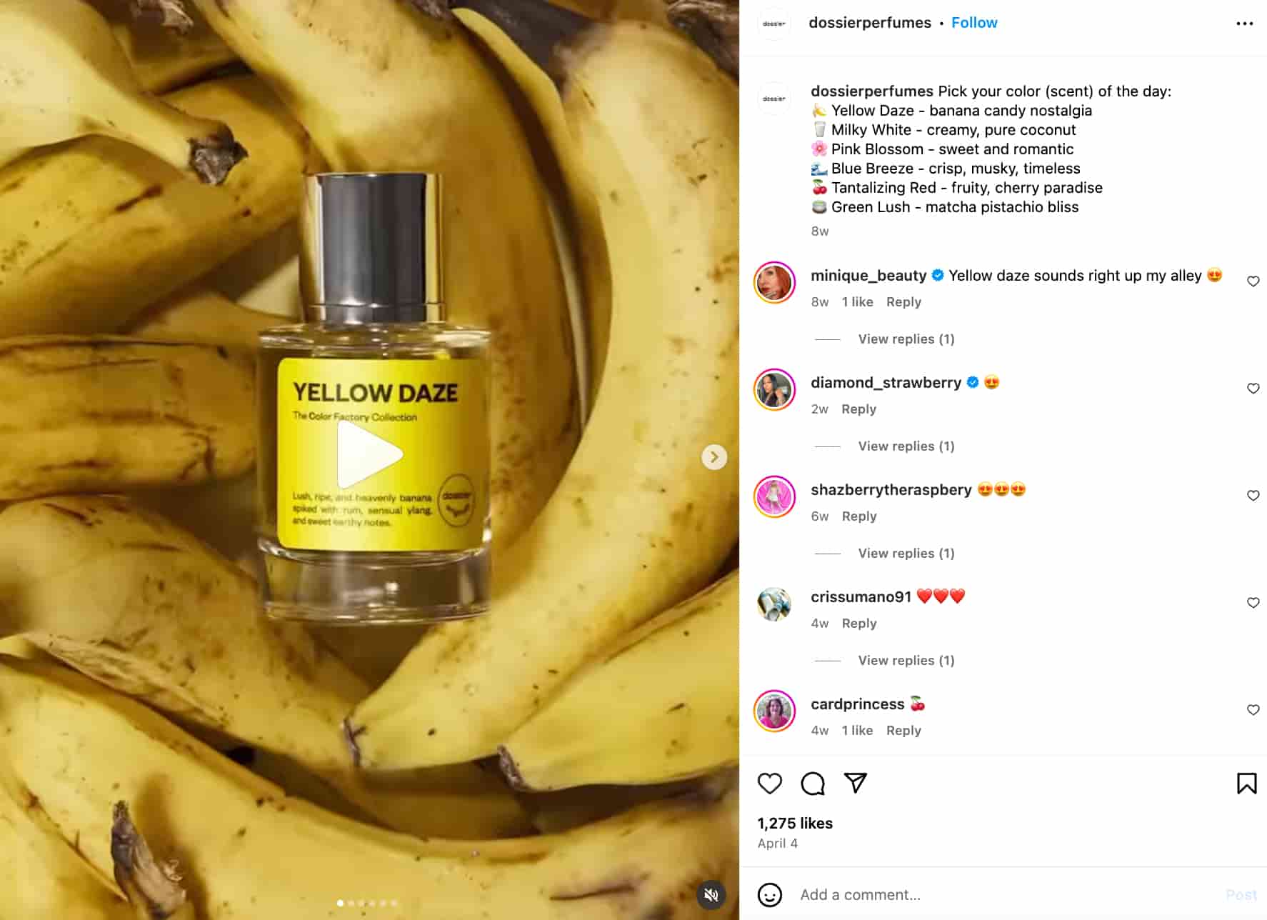 carousel post from dossier featuring a bottle of "yellow daze" perfume with a yellow label against a background of bananas and a caption asking people to pick their color (scent) of the day