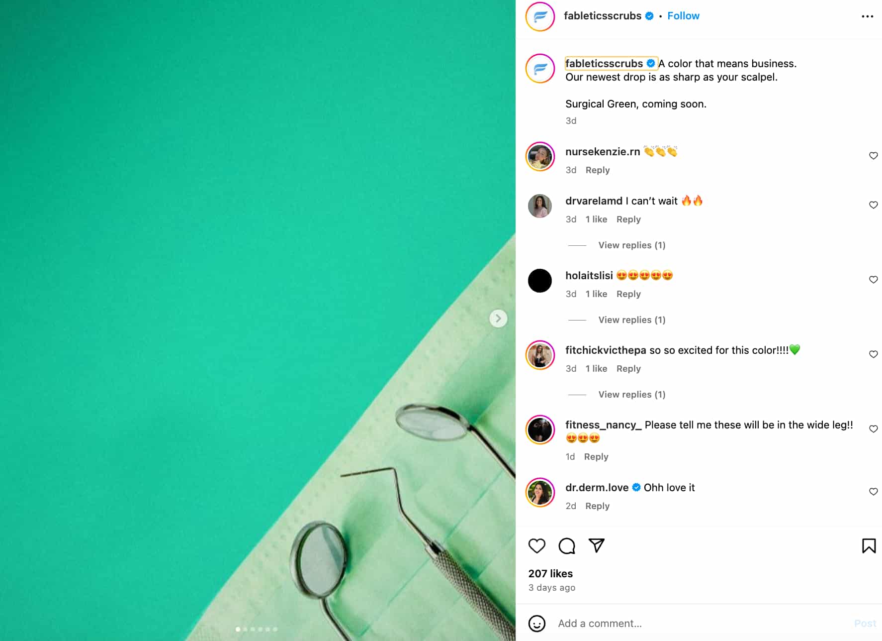carousel post from Fabletics Scrubs showing a slide with a close-up of a mask and some surgical tools against a green background