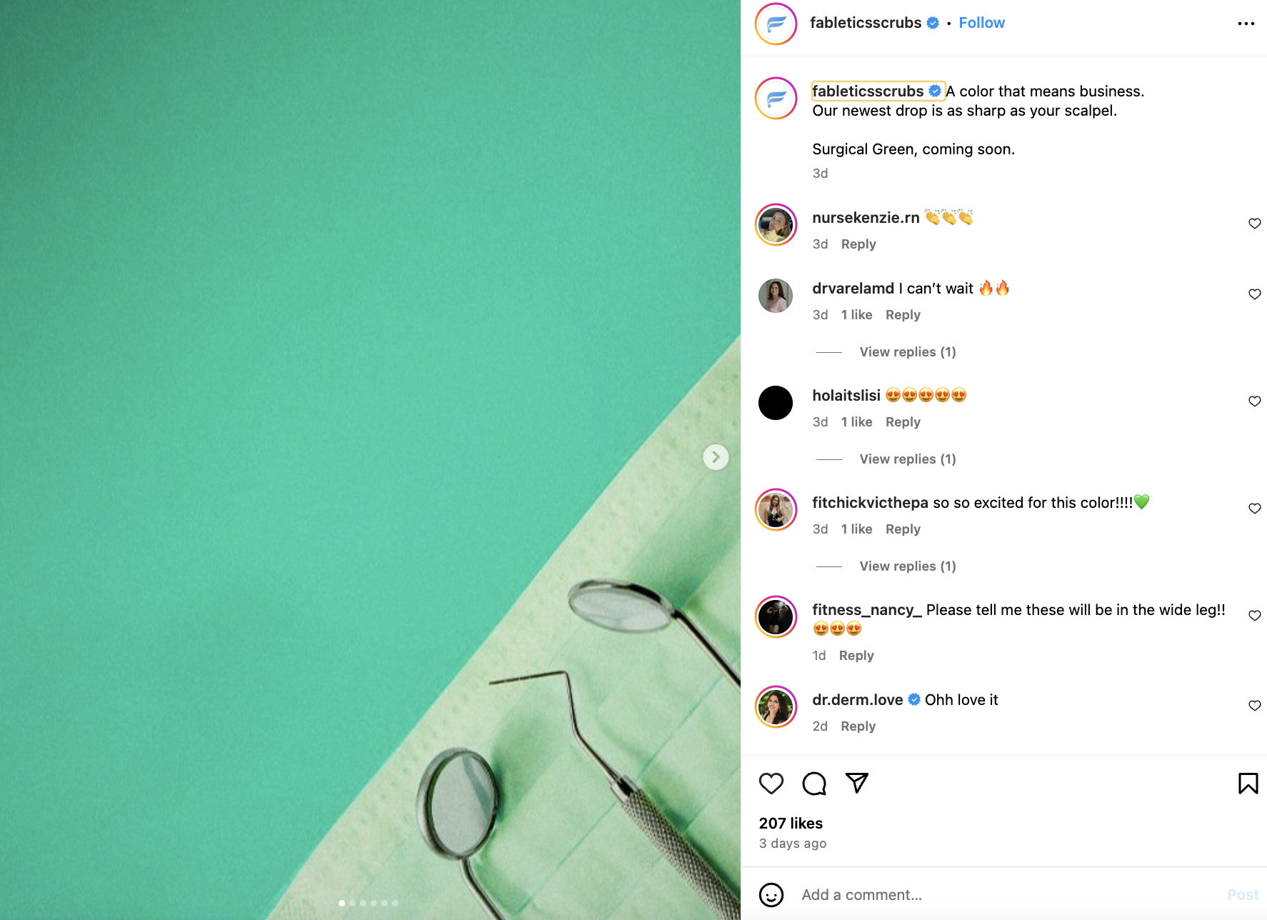 carousel post from Fabletics Scrubs showing a slide with a close-up of a mask and some surgical tools against a green background