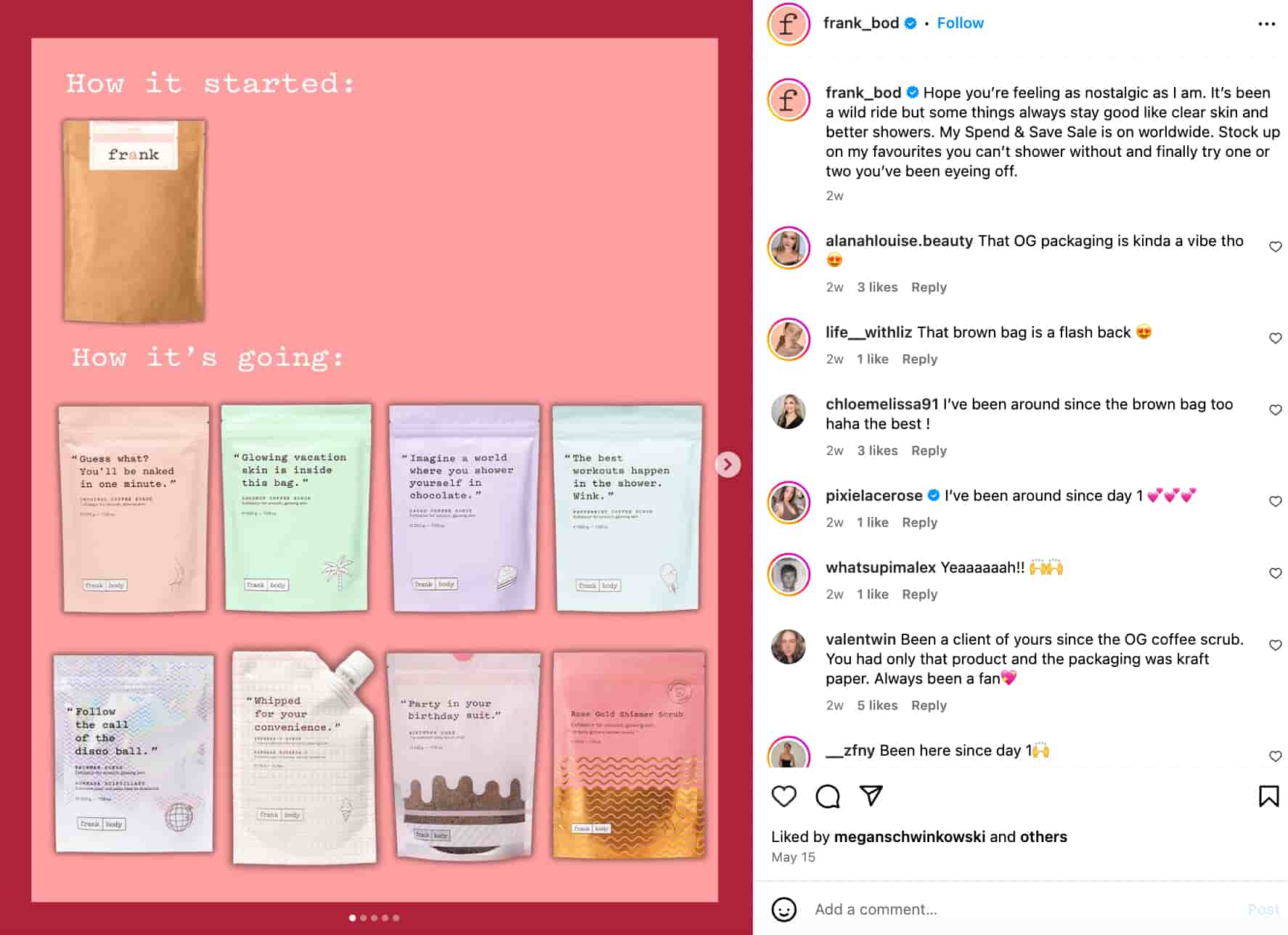 Frank Body carousel post showing the brand's first product in its original packaging under text that reads "How it started:" and a series of new products under text that reads "How it's going:"