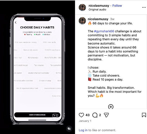 A smartphone displays the Gymshark66 app interface, prompting users to "Choose Daily Habits" from categories like Training, Health, and Mindset to build discipline.