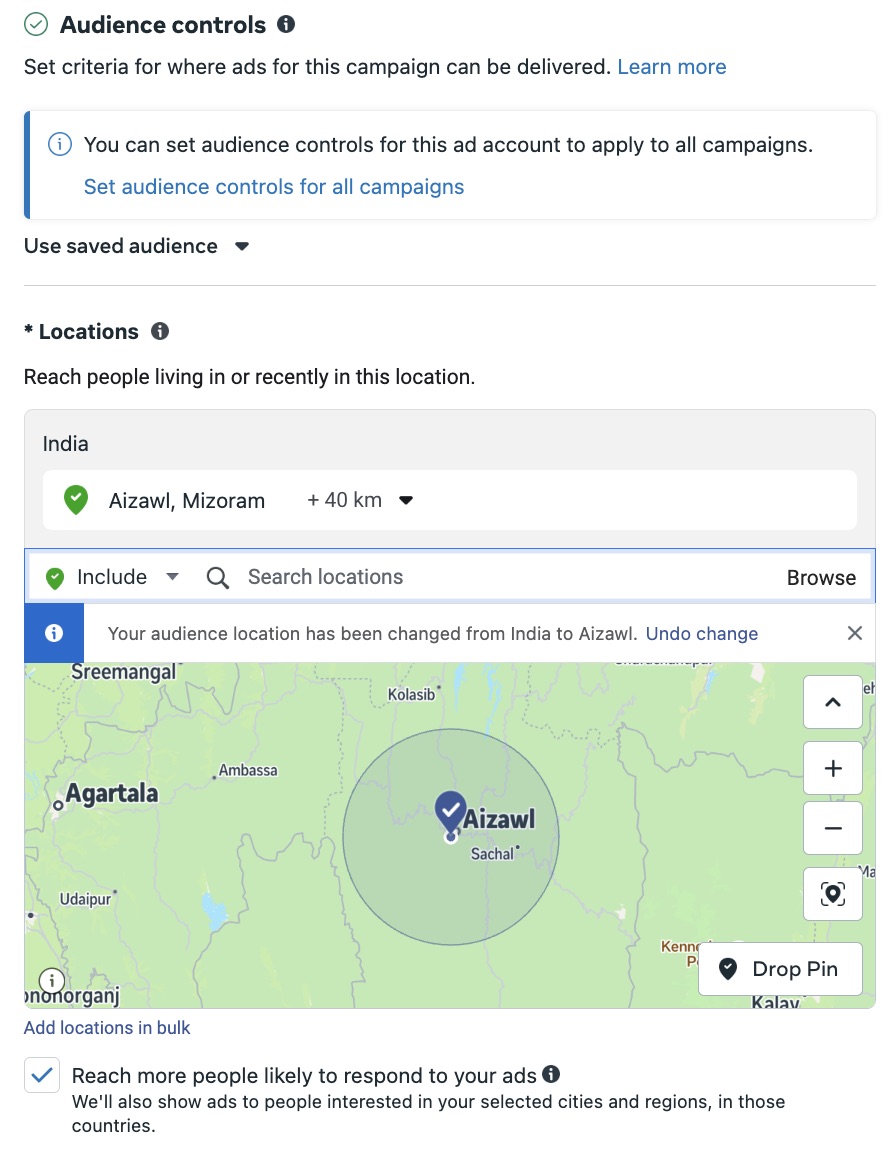 Meta Ads Manager window showing an option to customize audience targeting