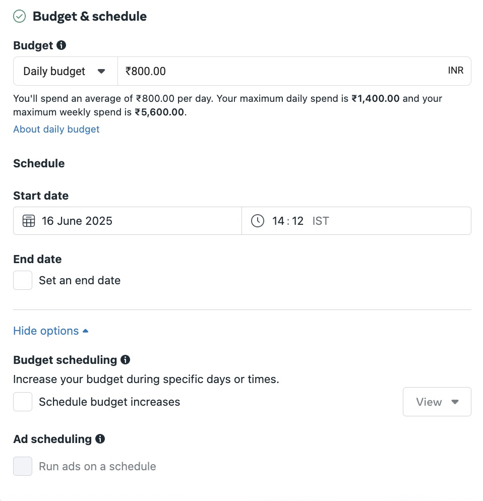Meta Ads Manager window showing an option to set budget and schedule for the campaign
