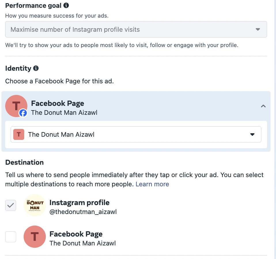Meta Ads Manager window showing an option to choose Identity and Destination