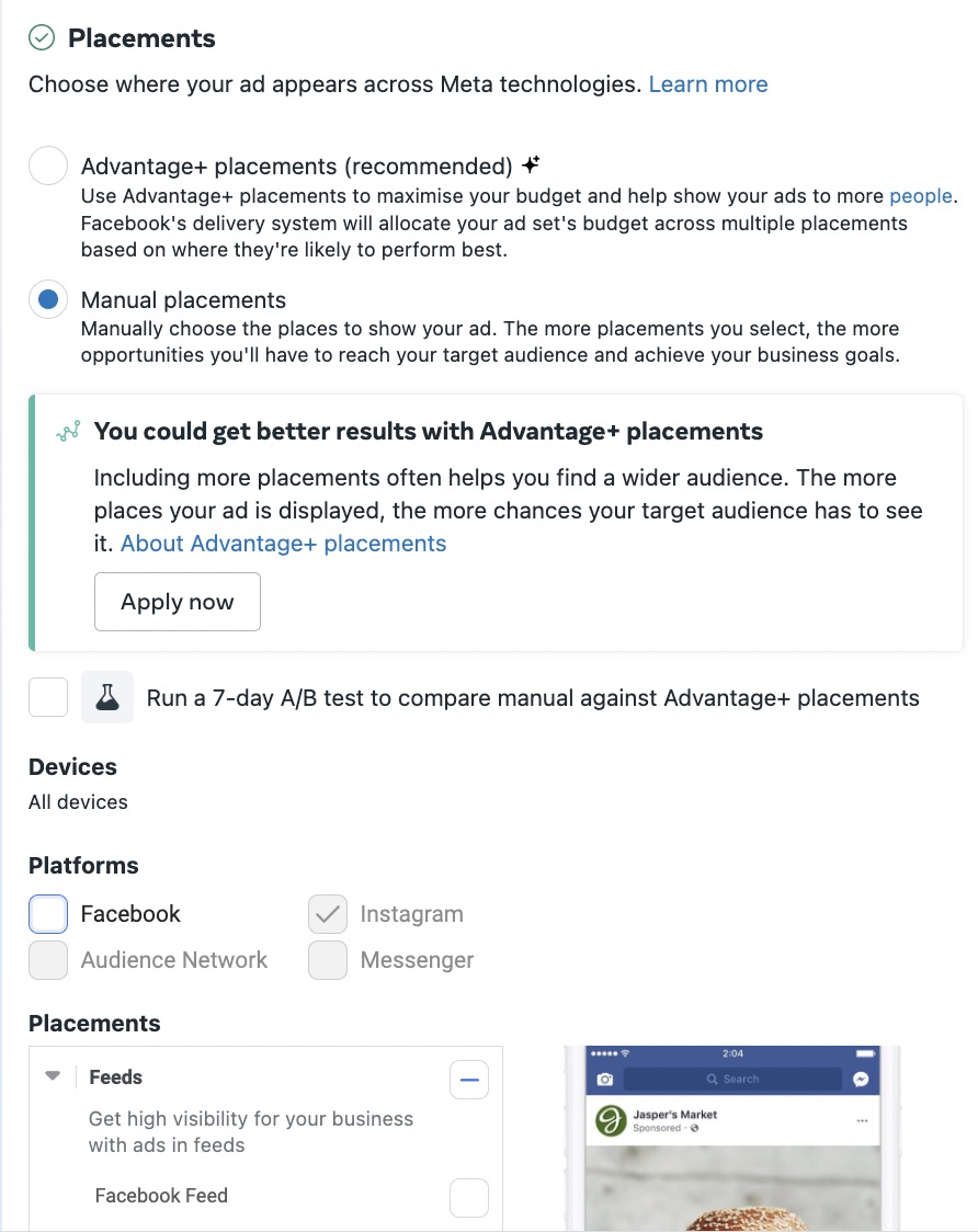Meta Ads Manager window showing an option to choose ad placements