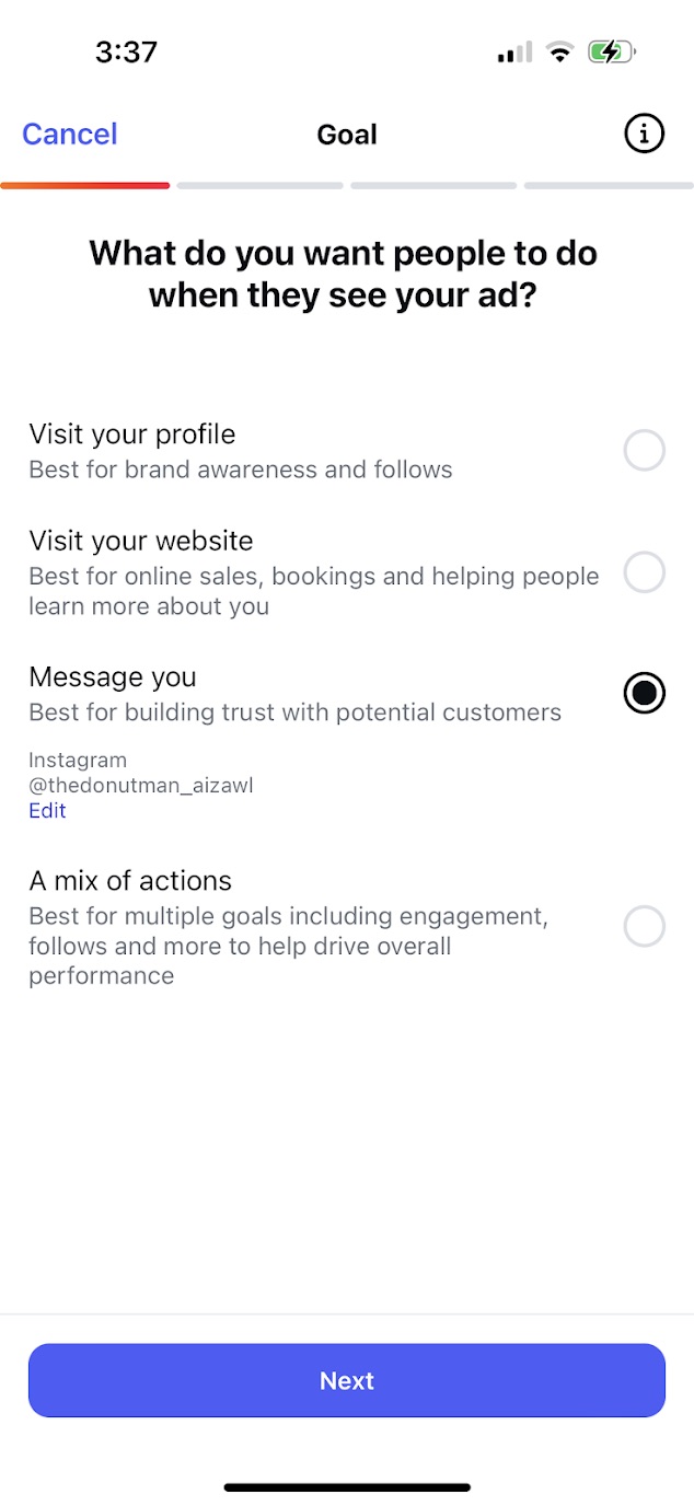 Instagram boost post window showing the option to select a goal for the ad