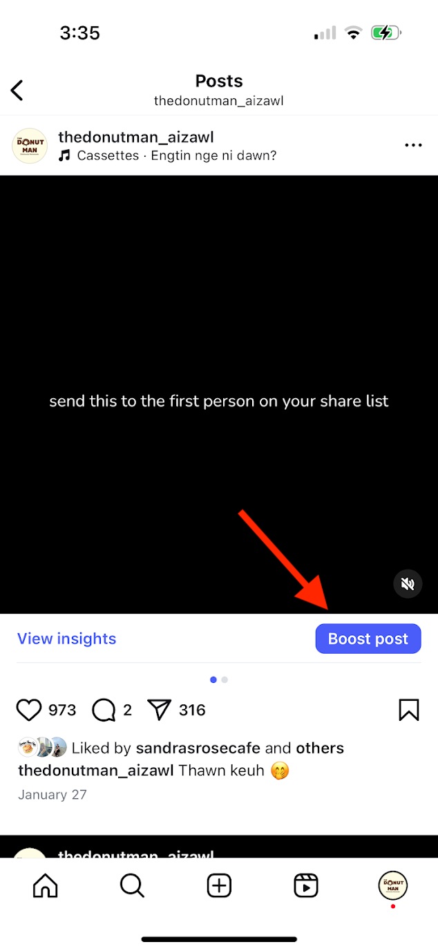 Instagram post with an arrow pointing to the "boost post" button at the bottom